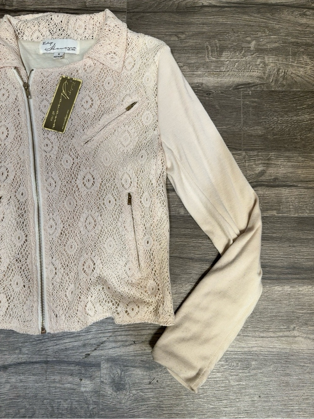 Vintage Havana Blush Lace Zip-Up Jacket Crochet Floral Size M Boho Chic - Picture 5 of 12